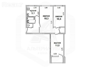 3-комнатная квартира для перевода в нежилой фонд в 913088