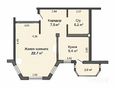 Просторная комната 22,7 м2 и отдельная кухня 9,4 м2.